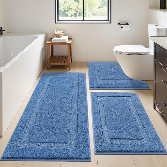 SHACOS Blue Bathroom Rugs Sets 3 Piece, 20"x47"+20"x32" Non Slip Bath Mat and 20"x24" Toilet Rugs U Shaped Washable, Soft Fluffy Water Absorbent Bathroom Floor Mat