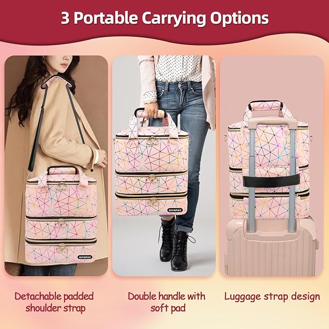 Nail Polish Organizer Bag Holds 126 Bottles (15ml/0.5fl.oz)& Nail Lamp, 3 Layers Detachable Nail Kit Storage Case PU Leather, Large Travel Nail Supplies Shoulder Bag for Manicure Tools (Pink)