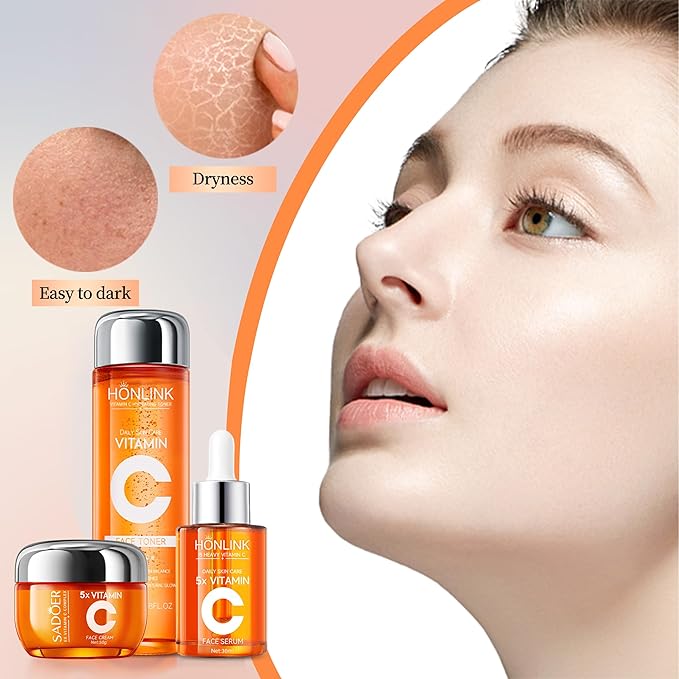 Vitamin C Skincare Trio: Face Serum, Moisturizing Cream & Hydrating Toner, 5X Vitamin C with Hyaluronic Acid, Complete Daily Routine to Refresh & Nourish Skin, For All Skin Types