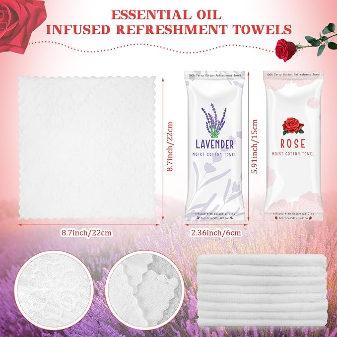 Timgle 50 Pcs Moist Towelettes Individually Wrapped Scented Disposable Face Towels Essential Oil Infused Moist Terry Cotton Towel for Use Hot or Cold Travel Body Spa(Rose, Lavender)