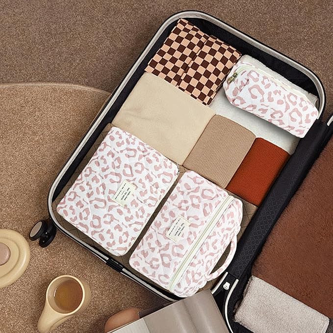 3Pcs Makeup Bag Cotton Quilted Travel Cosmetic Bag Cute Floral Makeup Pouch Large Toiletry Bag for Women Girls