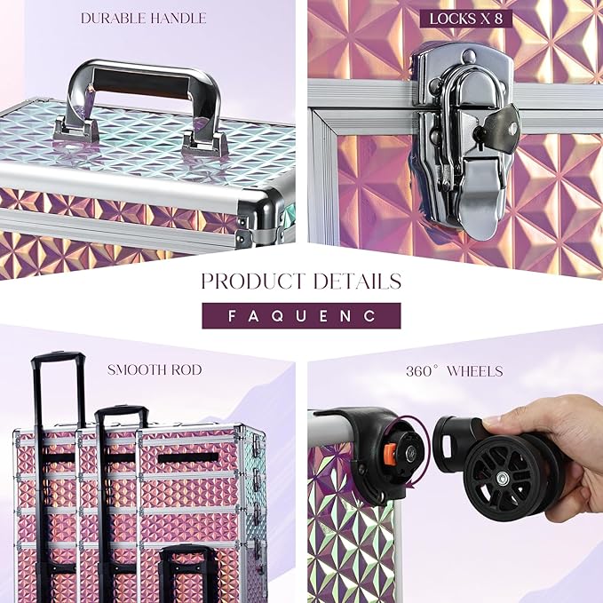 5 in 1 Rolling Makeup Case, Cosmetology Case on Wheels Travel Make up Train Case Nail Cart Makeup Organizer Cosmetic Storage Box Cases Extra Large Trolley Truck with 360° Swivel Wheels, Pink