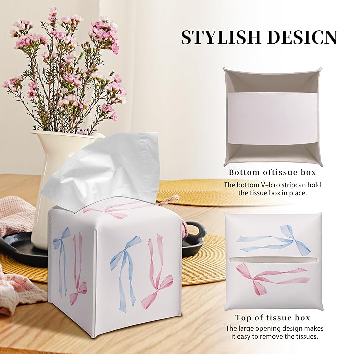 Grace Yonks Cute Tissue Box Cover Square - Blue and Pink Ribbon Bow Design 5.2" PU Leather Holder for Vanity, Desk, or Bathroom Counter - Cube Case for Facial Tissues(008)