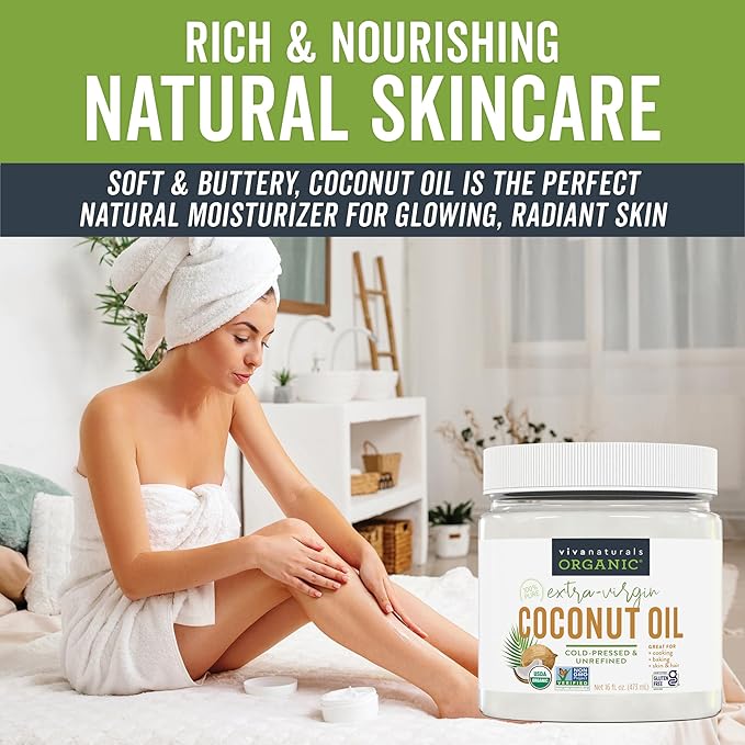 Viva Naturals Organic Coconut Oil, 16 fl oz – Unrefined, Cold-Pressed Extra Virgin Coconut Oil, USDA Organic & Non-GMO, Natural Cooking Oil, Hair Oil & Skin Oil