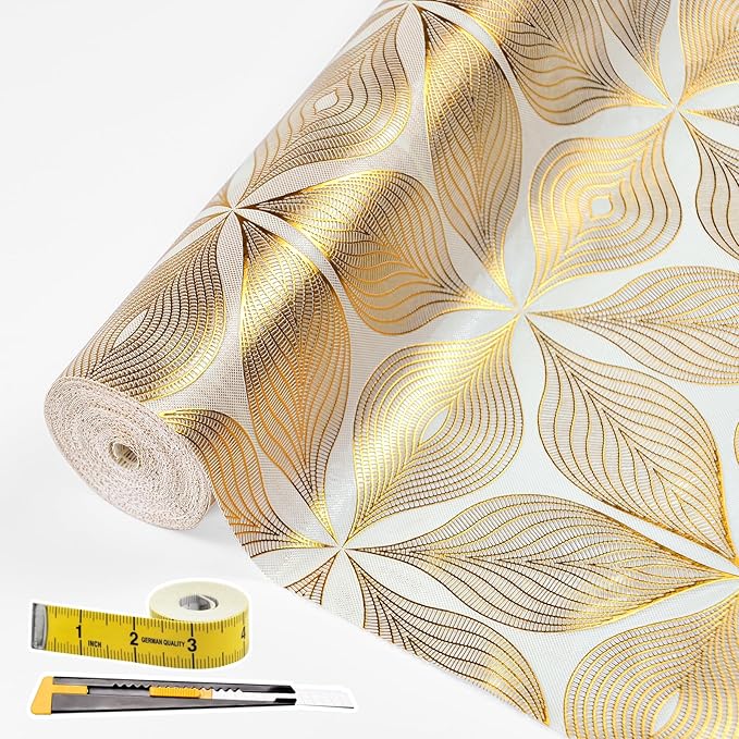 Drawer and Shelf Liner for Kitchen Cabinet,Non-Adhesive Waterproof Drawer Liner for Dresser & Bathroom Vanities with Adhesive Dots & Cutting Tool(18 in X 30 Ft Gold Leaf Pattern)