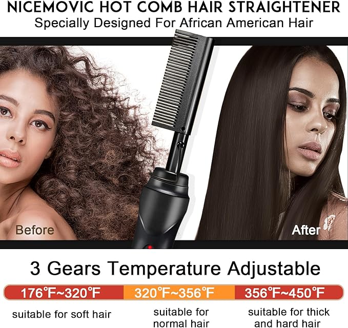 NICEMOVIC Ceramic Heating Hair Straightener Comb - Hot Pressing Brush for Natural Black Hair, Beard Wigs, and Curling (Black)