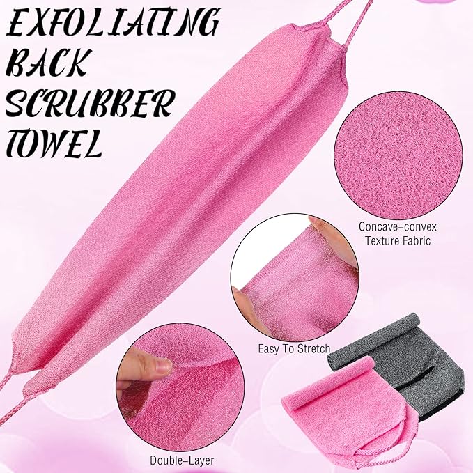 Back Scrubber for Shower Exfoliating Washcloth Back Cloth Body Extended Length Scrubber Towel Nylon Exfoliating Stretchable Pull Strap Wash Cloth for Bath Body Scrub Washcloth 2 Pack (Pink,Gray)
