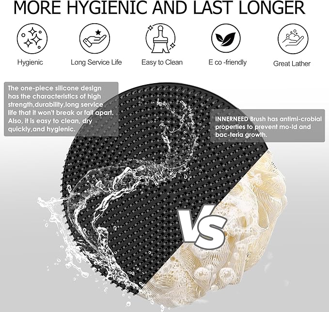 INNERNEED Food-Grade Soft Silicone Body Scrubber Shower Brush Handheld Cleansing Skin Brush, with Exfoliating Net Sponge Case (Pack of 4)