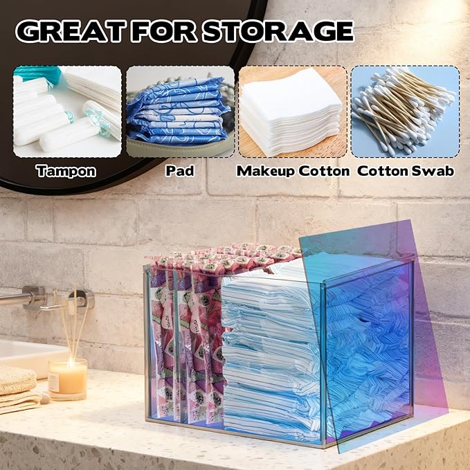 Tampon Storage Holder for Bathroom with Lid Rainbow Acrylic, Sanitary Napkin Holder, Feminine Pads Organizer Box with Removable Divider, Bathroom Accessories Box for Girl Stuff