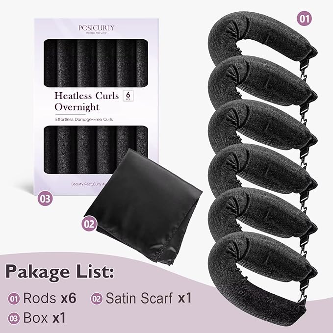 Overnight Hair Curlers Heatless Curls - 6 Pcs No Heat Blowout Curling Rods to Sleep In with Satin Hair Scarf