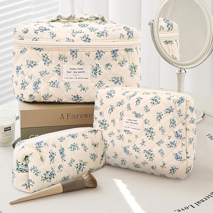 3Pcs Cotton Quilted Makeup Bag Large Travel Cosmetic Bag Coquette Makeup Pouch Cute Aesthetic Floral Toiletry Bag for Women Girls (flower-P)