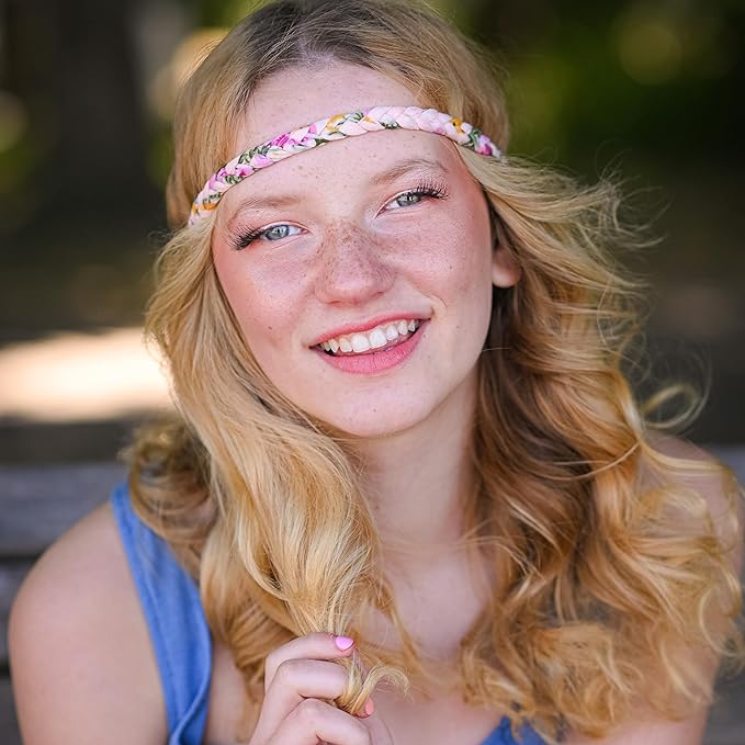 FROG SAC 4 Floral Headbands for Girls, Adjustable Braided Hairband Hair Accessories for Women, Teen Girl Cloth Fabric Head Bands, Kids Flower Braid Hairbands, Tween Easter Basket Stuffers