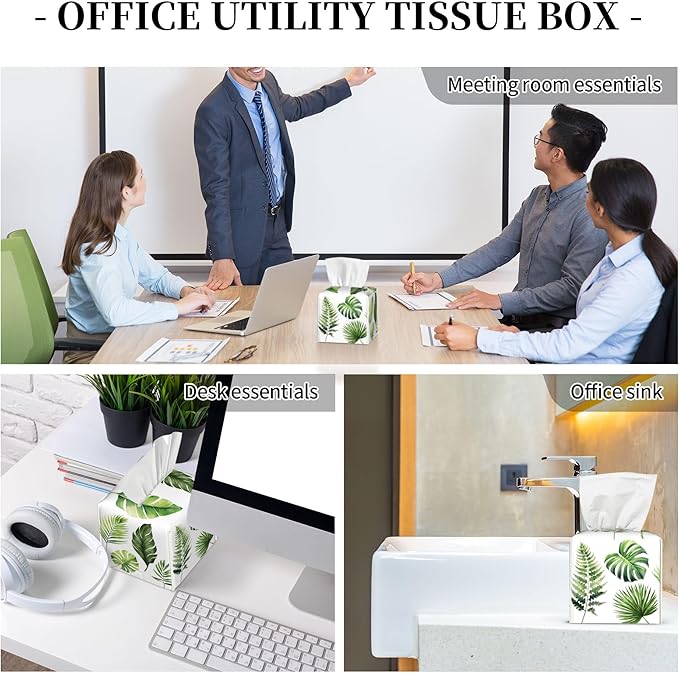 Green Tropical Leaves Tissue Box Cover Square,Watercolor Plant Palm Leaves Tissue Box Holder Waterproof Leather Facial Paper Organizer Dispenser for Bathroom Home Car Nightstand Vanity Desk