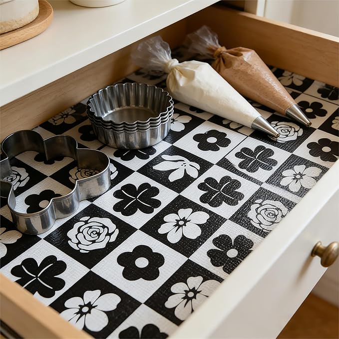 Drawer and Shelf Liner for Kitchen Cabinet,Non Adhesive Anti-Slip Double Layer PVC Waterproof Easy Clean for Dresser Bathroom Refrigerator with Knife Tape Measure(12 in X 10 Ft Black & White Flowers)
