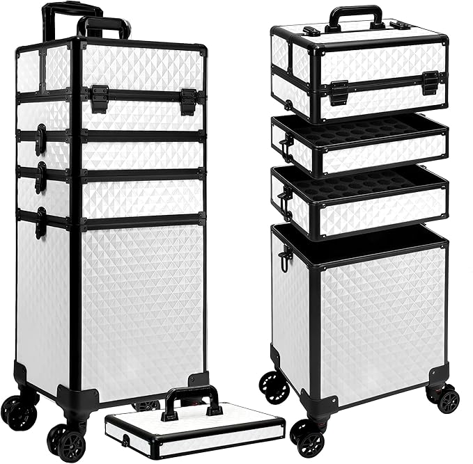 5 in 1 Rolling Makeup Train Case on Wheels Large Cosmetic Organizer Travel Cart for Women Beauty Salon Barber Hairstylist White