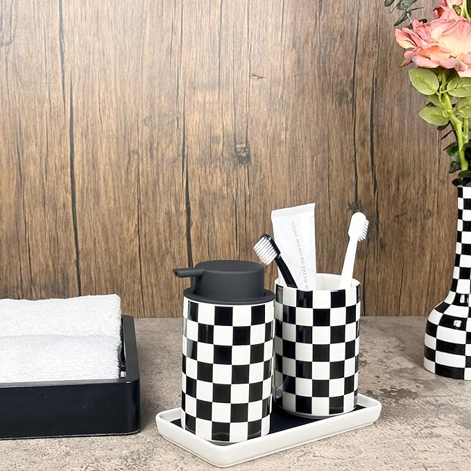 Foaming Soap Dispenser, Foam Hand Soap Dispenser for Bathroom Countertop, Modern Black and White Foamy Hand Soap Refills Bottle for Kitchen,Bathroom-Checkered Bathroom Decor