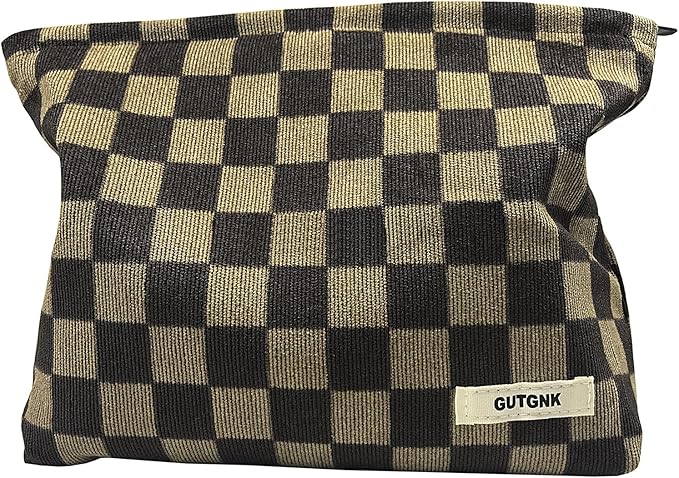 GUTGNK Women's Cosmetic Bag, Corduroy Checkerboard Travel Cosmetic Bag Small Cosmetic Bag Skin Care Cosmetic Changing Handy Bag Zipper Organizer