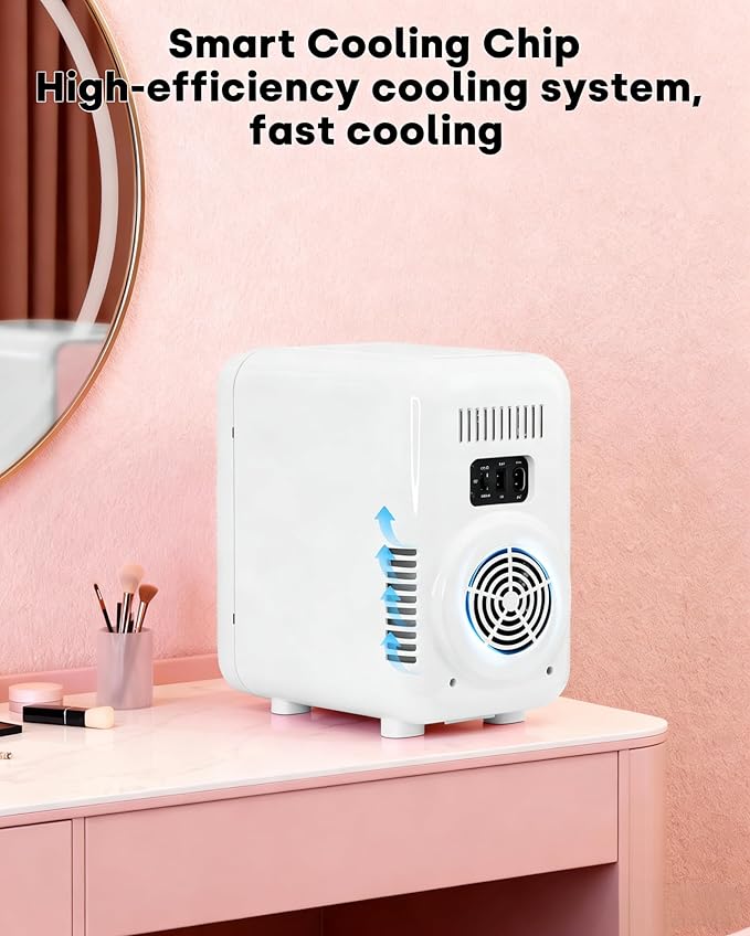 Enventor Mini Skincare Fridge Small Refrigerator for Bedroom, Beauty Fridge for Makeup with Dimmable LED Mirror, 6 L / 8 Cans Compact Portable Cooler for College Dorm, Office, Car, White
