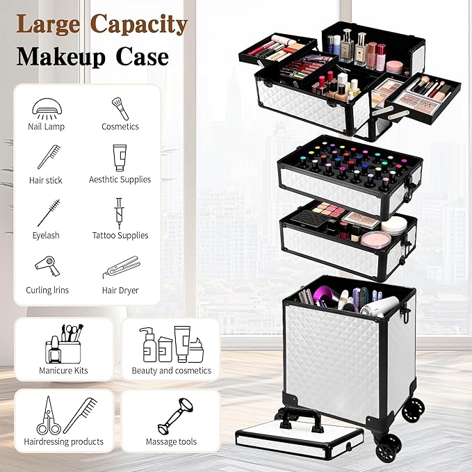 5 in 1 Rolling Makeup Train Case on Wheels Large Cosmetic Organizer Travel Cart for Women Beauty Salon Barber Hairstylist White
