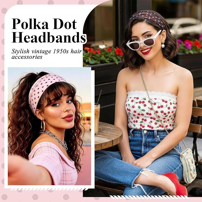 Headbands for Women, 8 Pack Non-Slip Moisture Wicking Sports Wide Head Bands, Stretchy Elastic Fabric, Multiple Colors Securing Hair for Fashion, Sports, Yoga, Running, Daily Life (Polka Dot)