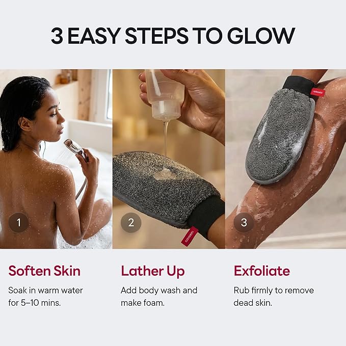 Exfoliating Mitt, Body Scrubber for Deep Exfoliation, Korean Scrub Mitt, Turkish Body Exfoliator for Remove Dead Skin, Gentle Lightweight Loofah Bath Glove for Shower (2 Pack)