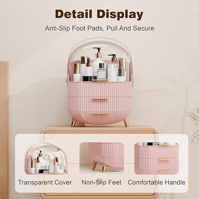 Makeup Organizers and Storage Make up Organizer for Vanity Cosmetics Skincare With Lid and Drawers Display Cases for Countertop Bathroom Women Teenager Girl Gifts(Pink+Brush Holder)