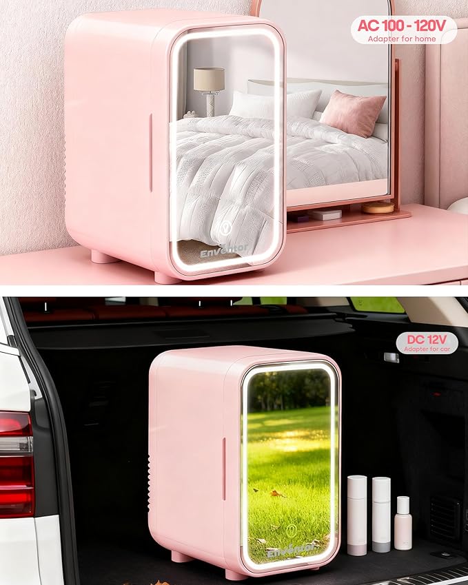 Enventor Mini Skincare Fridge Small Refrigerator for Bedroom, Beauty Fridge for Makeup with Dimmable LED Mirror, 6 L / 8 Cans Compact Portable Cooler for College Dorm, Office, Car, Pink