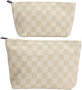 2-Pack Beige Checkered Makeup Bag Set - Large Capacity Cosmetic Organizer Pouch | Travel Toiletry Bag for Women Girls