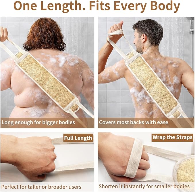 Natural Egyptian Loofah Back Scrubber for Shower,Extra Rough,Deep Exfoliating,Rich Foam,Quick Drying Dual-Handle Strap Exfoliator for Men and Women