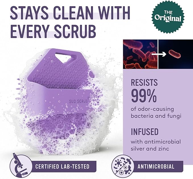 Sud Scrub® Antimicrobial Silicone Body Scrubber, Exfoliating Body Scrubber for Sensitive Skin, Eco Friendly Shower Scrubber for Body, Silicone Body Brush for Showering, Purple