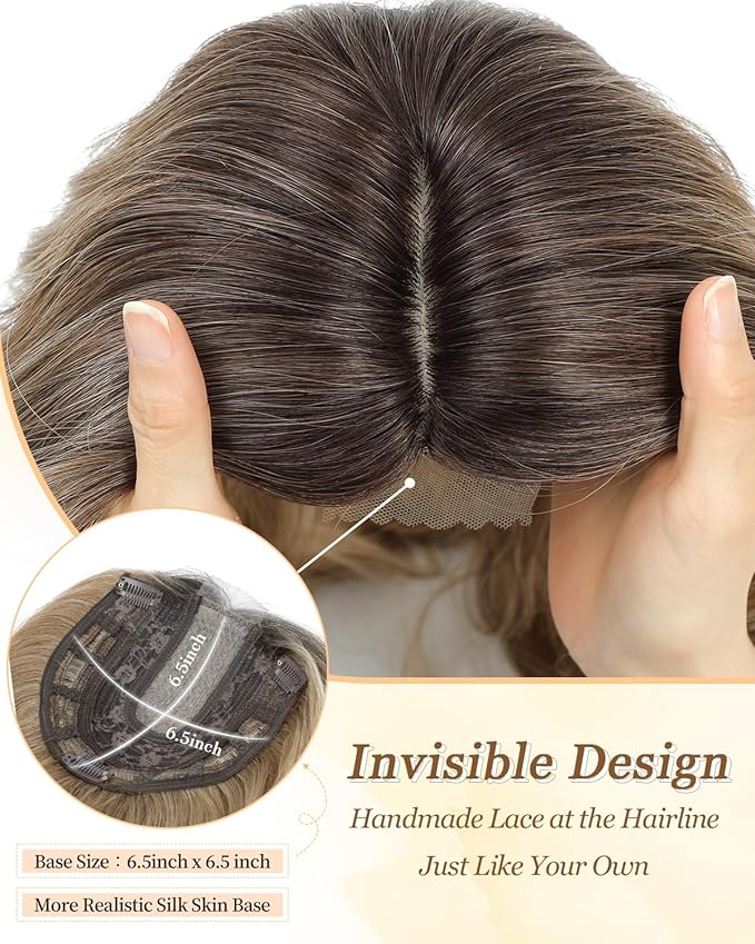 PANEWAY 16Inch Wavy Curly Brown Blonde Hair Topper with Dark Root - Clip In Hair Topper for Women