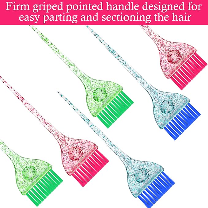 6 Pieces Hair Color Brush Set with Glitter Handles for Highlighting, Tint and Coloring Hair Sections Multicolor Glitter Dye Brush Salon Home Dyeing Coloring DIY, 3 Colors