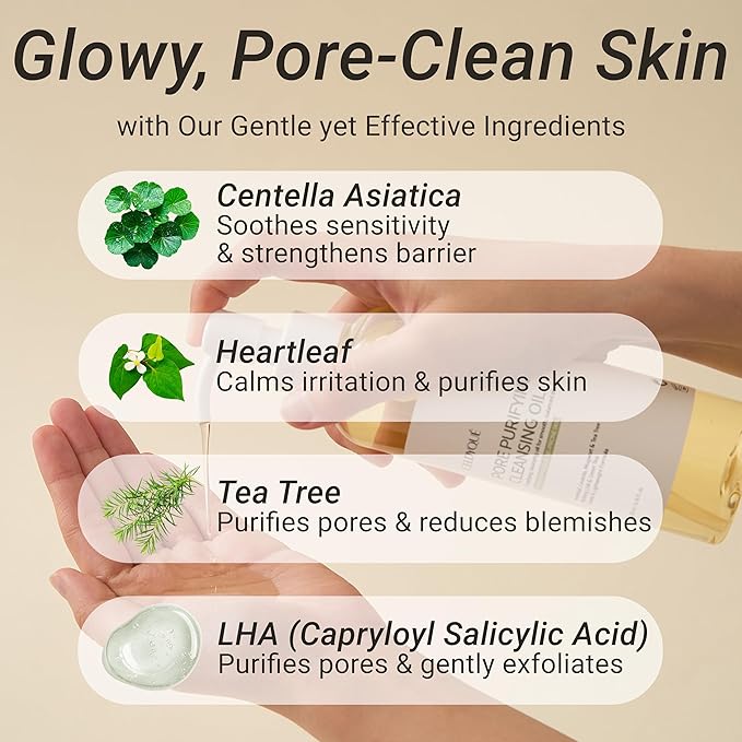 Pore Purifying Cleansing Oil – Korean Face Wash with Centella, Tea Tree, Green Tea & LHA – Gentle Makeup Remover for Sensitive, Acne-Prone Skin, Deep Pore Cleanser, 6.76 fl oz