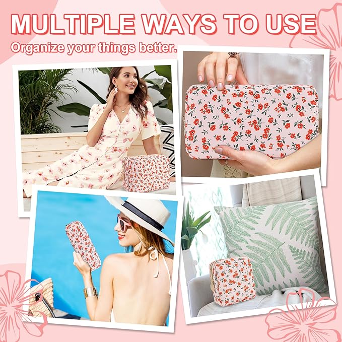 Waterproof Small Floral Pencil Case Makeup Bag for Purse,Cute Flower Pencil Pouch Preppy Nylon Makeup Brush Holder with Zipper,Girls Portable Storage Case Small Pen Bag for Work(Slim Pink-Flowers)