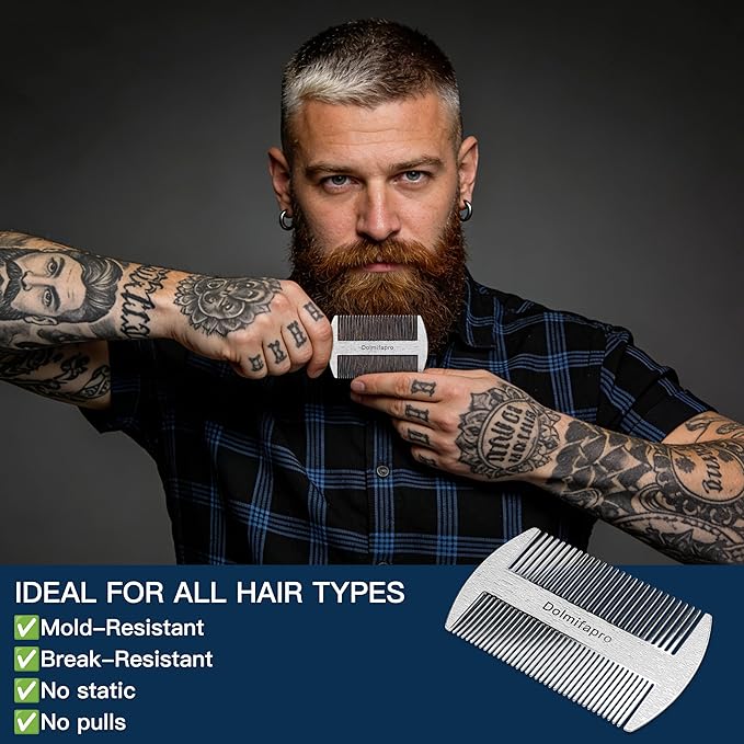Pocket Comb for Beards, Mustache Comb & Hair Beard Comb for Men Ultra-thin, Stainless Steel, Anti-static with PU Leather Case (silvery)