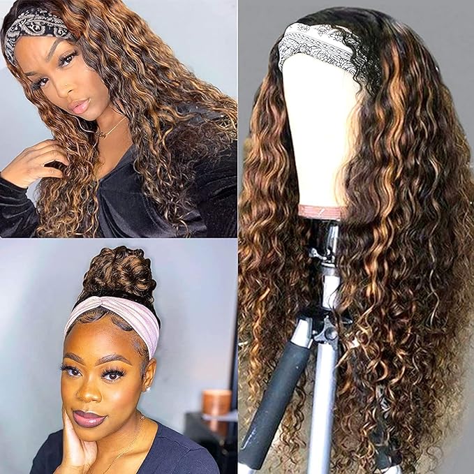 XSY Headband Wig Human Hair, Ombre Highlight Curly Human Hair Wigs for Black Women No Lace Front Wig 150% Density 4/27 Highglight Wig (26 Inch)
