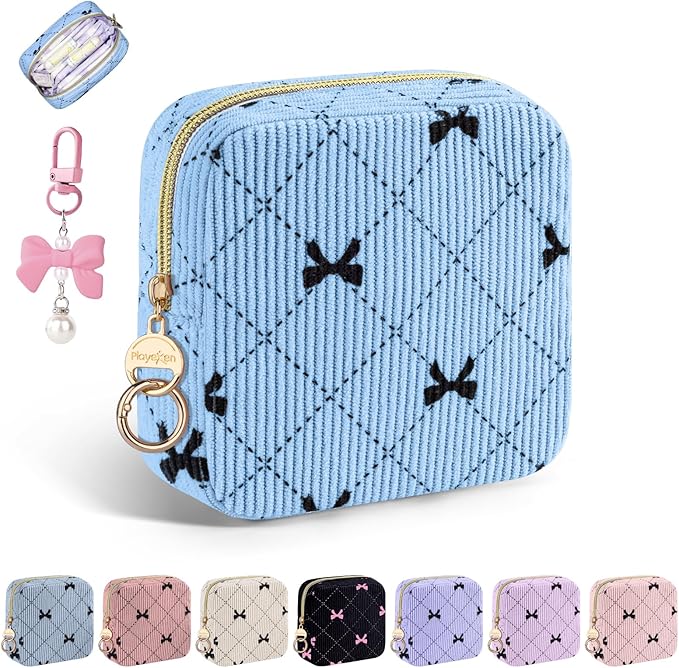 Period Bag for Teen Girls, Corduroy Cute Sanitary Napkin Storage Bag, Menstrual Pad Pouches Tampon Holder for Purse (Light Blue-Bow Tie)