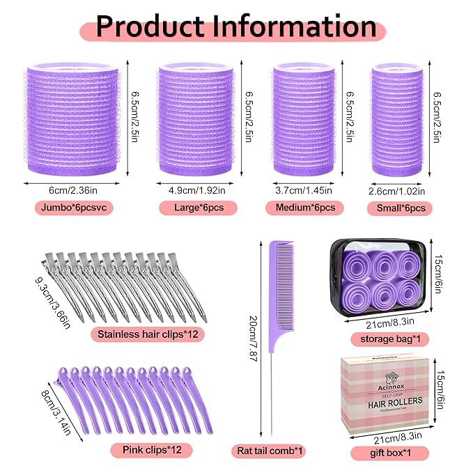 4 Sizes Self-Grip Hair Rollers Set with Clips - 4 Sizes for Long, Short Hair & Bangs (25mm, 36mm, 48mm, 60mm),(Purple, 4 Sizes)
