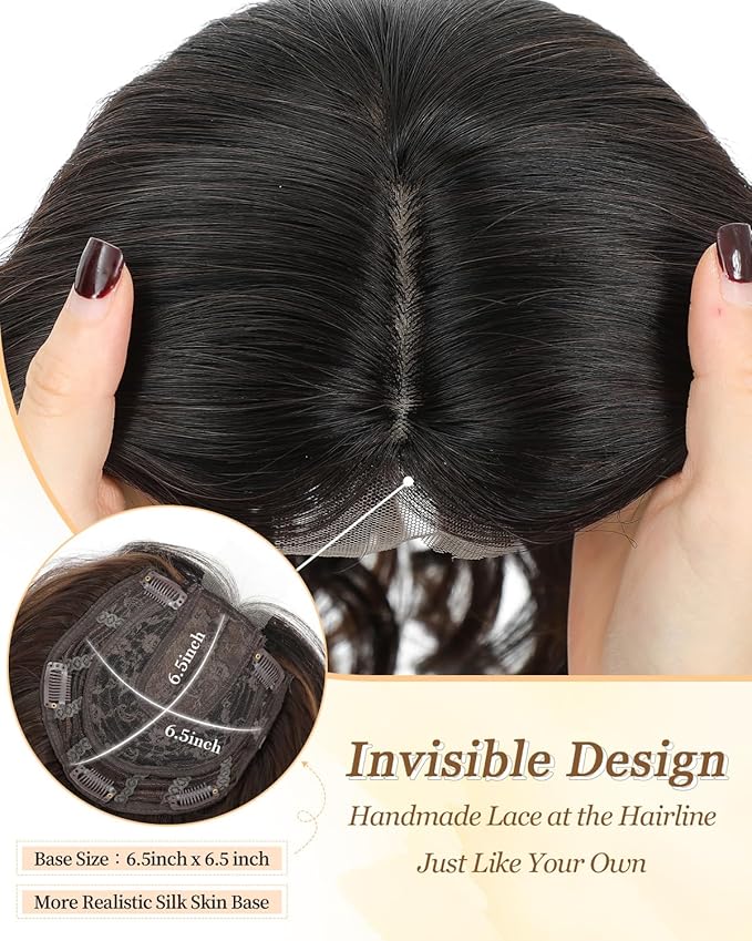 PANEWAY Hair Topper 16 Inch Synthetic Wavy Hair Piece for Women, Clip in Top Hair Extensions, Natural Black Root to Chocolate Brown Ombre Wiglet for Volume & Coverage
