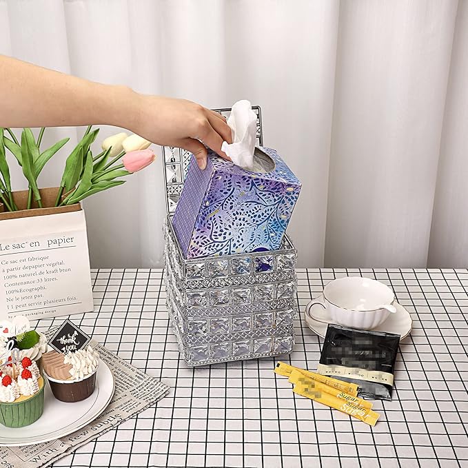 Sumnacon Crystal Square Tissue Box Cover - Sparkling Cube Glass Tissue Box Holder, Decorative Facial Tissue Holder for Bedroom Bathroom Dresser Night Stand Table Countertop Home Decor, Silver