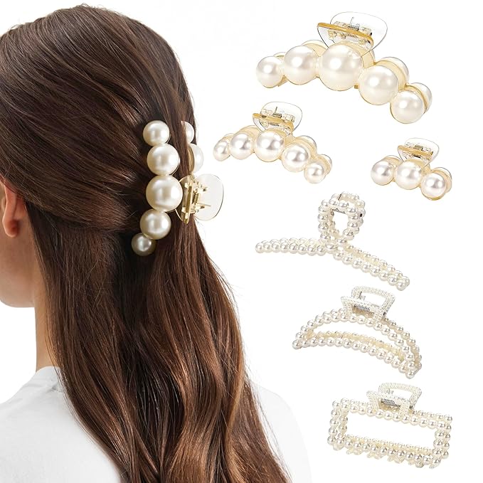 CWJCYTNSN 6 PCS Hair Clips for Women Large Hair Claw Clips for Thin Thick Curly Hair Styling Pearl Jaw Clips Strong Hold Nonslip Fashion Hair Accessories for Bridal Wedding