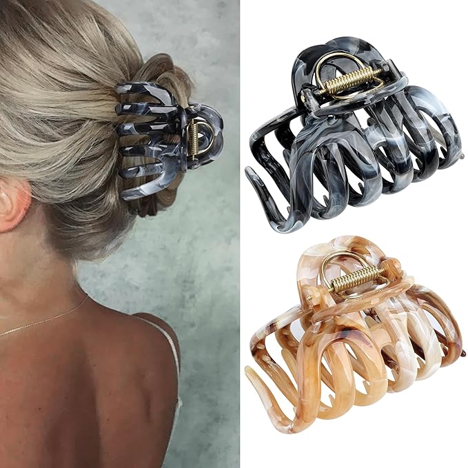 FAELBATY Octopus Multicolor French Claw Hair Clips, 2 Pcs, Ink Brown & Ink Grey, 3.5 x 2.4 Inches, Polycarbonate, Non-Slip Grip, Strong Hold for Long Thick Hair, Women & Girls
