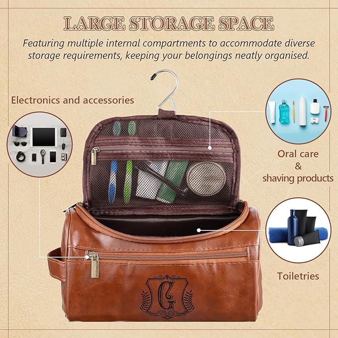 Sadnyy Personalized Leather Toiletry Bag for Men Initial Travel Bag with Hook Monogrammed Toiletry Pouch Leather Travel Bathroom Kit with Side Handle for Him Dad Husband Anniversary Birthday Gifts(G)
