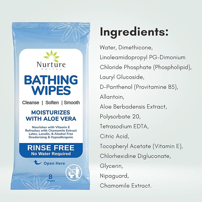 Nurture Rinse Free Bathing Wipes for Adults w/Aloe | Waterless Cleansing for sensitive skin | Disposable Adult Body Bath Wet Wipe for Disabled Bedridden | 64 wipes