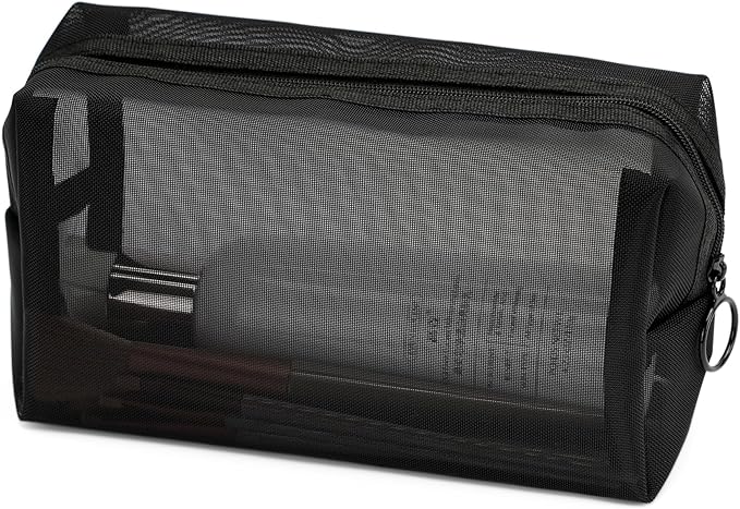 Portable Mesh Makeup Bag with Zipper Small Travel Toiletry Bag Lightweight Cosmetic Pouch (Black Square)