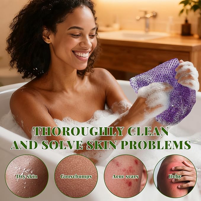 African Net Sponge Authentic, 3 Pieces Exfoliating Scrubber Bath Sponge for All Skin Types, Back Scrubber Loofah Washcloth for Shower, Gentle Exfoliation, Gift 1 Travel Bag (Purple, Pink, Light Green)