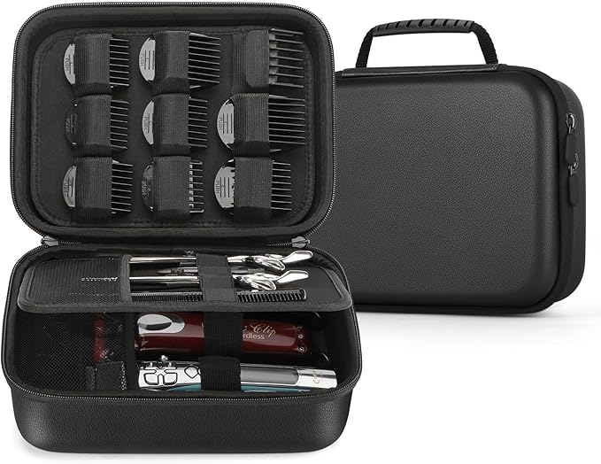 MOSLA Hard Barber Accessories Case for Hair Clippers, Mens Hair Cutting Barber Supplies Holder Organizer Storage Bag for Hair Cutting, Guard Grooming Kit (PU Black)