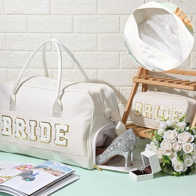 2 Pcs Wedding Weekender Bag Bride Groom Duffle Bag Chenille Letter Patch Travel for Bridal Shower Honeymoon Gift(Bride,White)