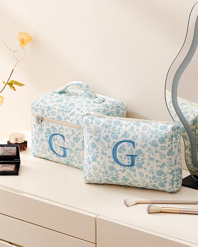 HBselect 2Pcs Initial Makeup Bag, Quilted Makeup Bag, Cotton Large Travel Makeup Bag, Cute Floral Coquette Make up Bag Cosmetic Bag Toiletry Bag for Women Girls G