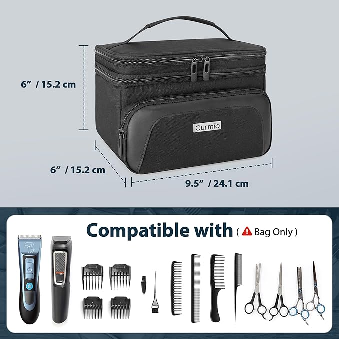 CURMIO Travel Carrying Case for Hair Clipper, Double Layer Barber Supplies Hair Cutting Tools Storage Bag Compatible with Ufree/Wahl/Andis/Hatteker/Osterpro and Most Standard Men Hair Trimmer